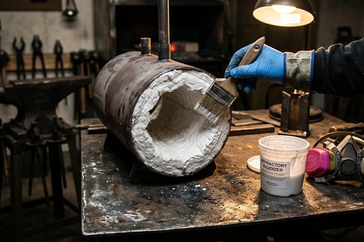 Coating the bare ceramic wool liner of a VEVOR propane forge with rigidizer before first use