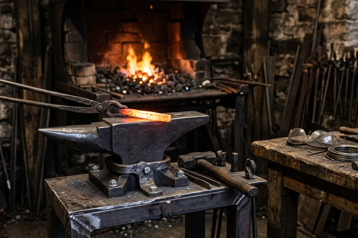 A new single-horn anvil bolted to a stand as an alternative to a vintage anvil for sale