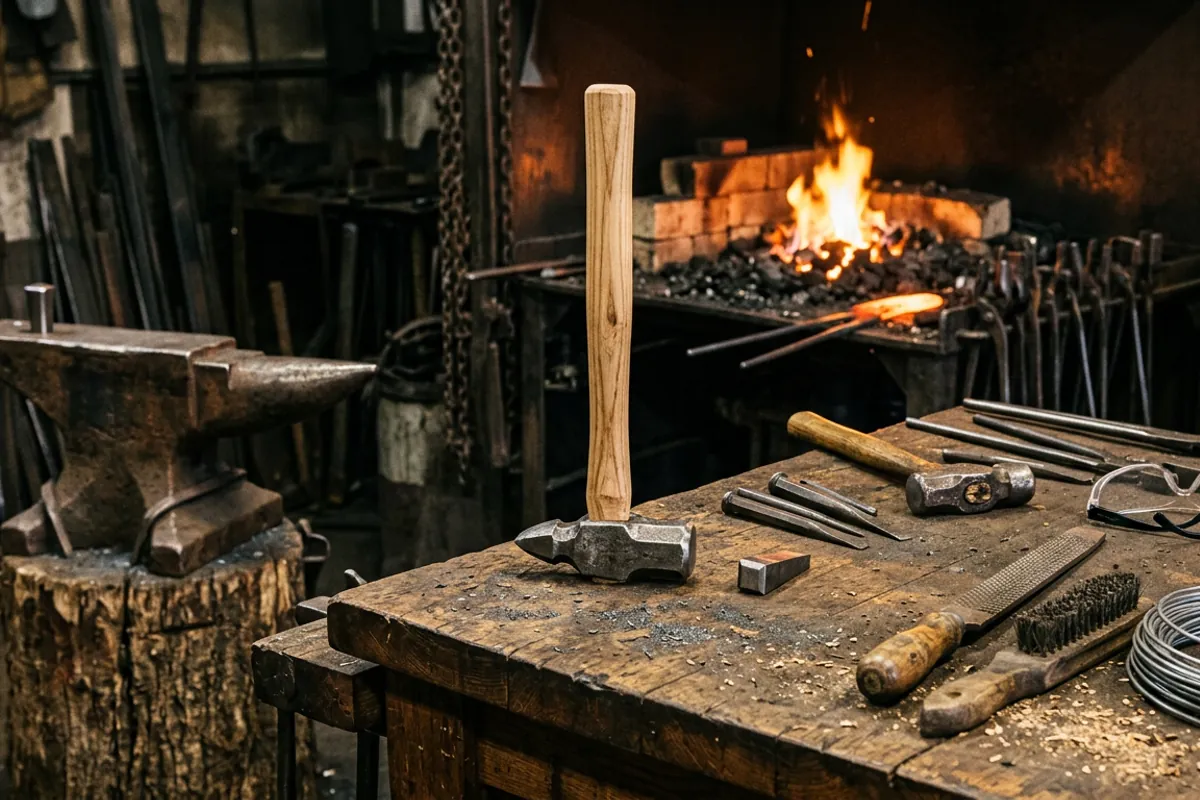 A vintage blacksmith hammer head being fitted onto a new hickory handle with wooden and steel wedges on a workbench.