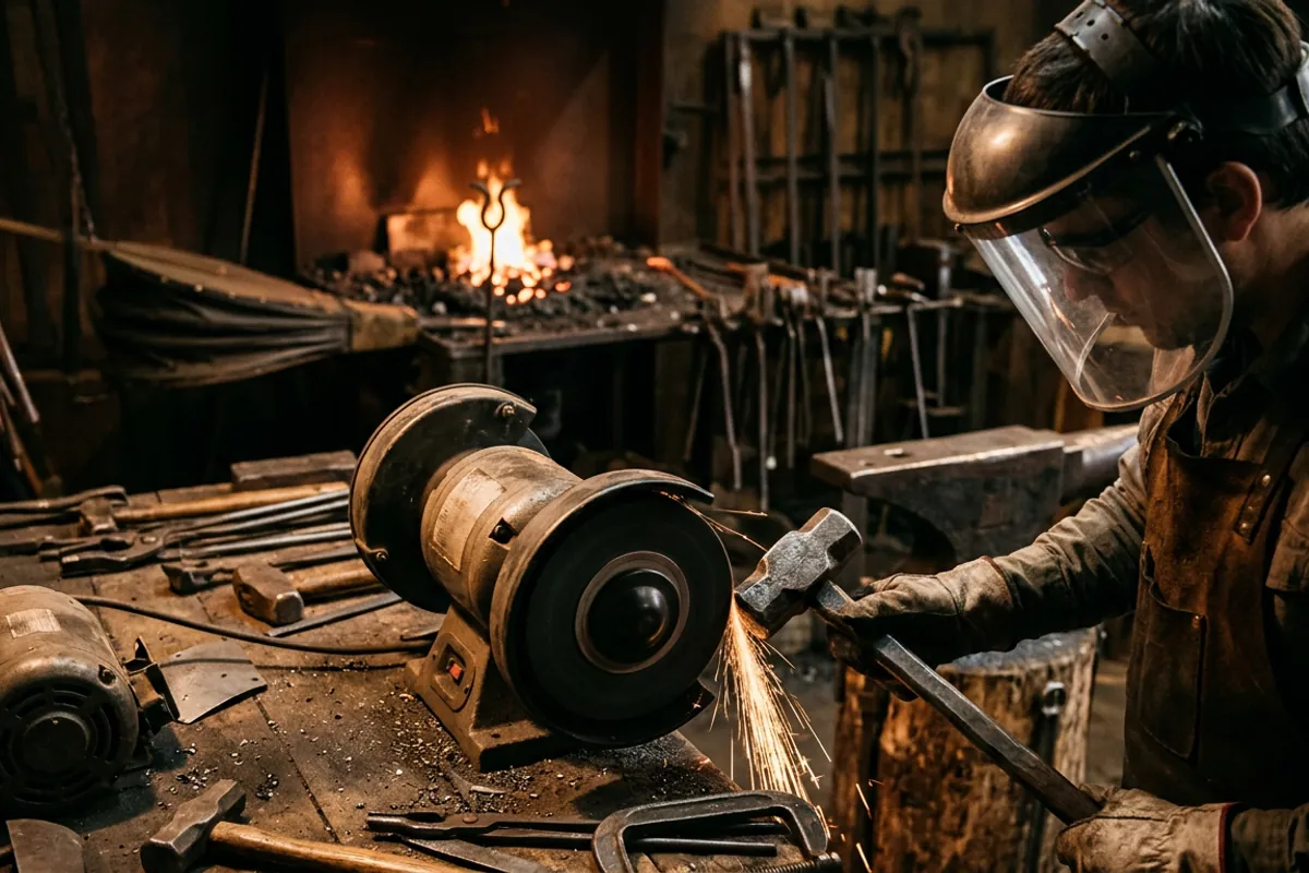 Dressing the edges of a vintage blacksmith hammer face at a bench grinder while wearing eye and face protection.