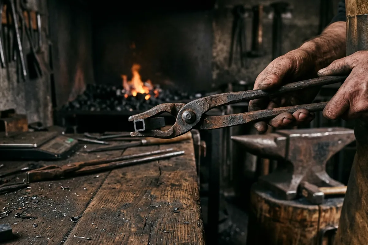 Checking the rivet boss and jaw alignment on a pair of vintage blacksmith tongs before buying