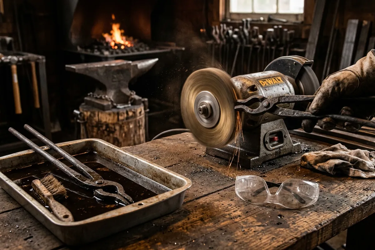 Restoring vintage blacksmith tongs with a rust-remover soak and a wire wheel, eye protection on the bench