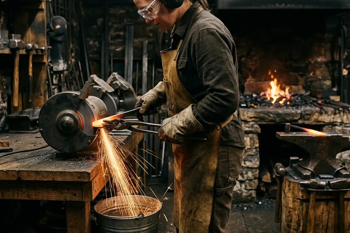 A blacksmith wearing eye protection at the grinder, showing the safety practice that blacksmithing demands