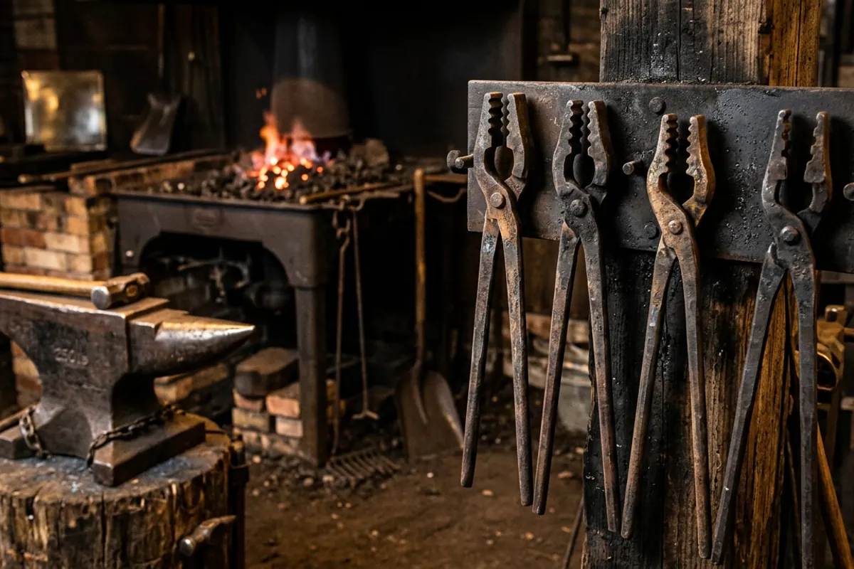 A rack of wolf jaw tongs hanging beside a glowing forge in a home shop