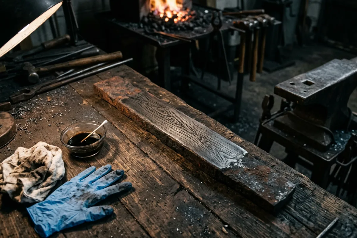 A polished and etched flat on an old bar revealing slag stringers, the bench test I trust for wrought iron vs steel.